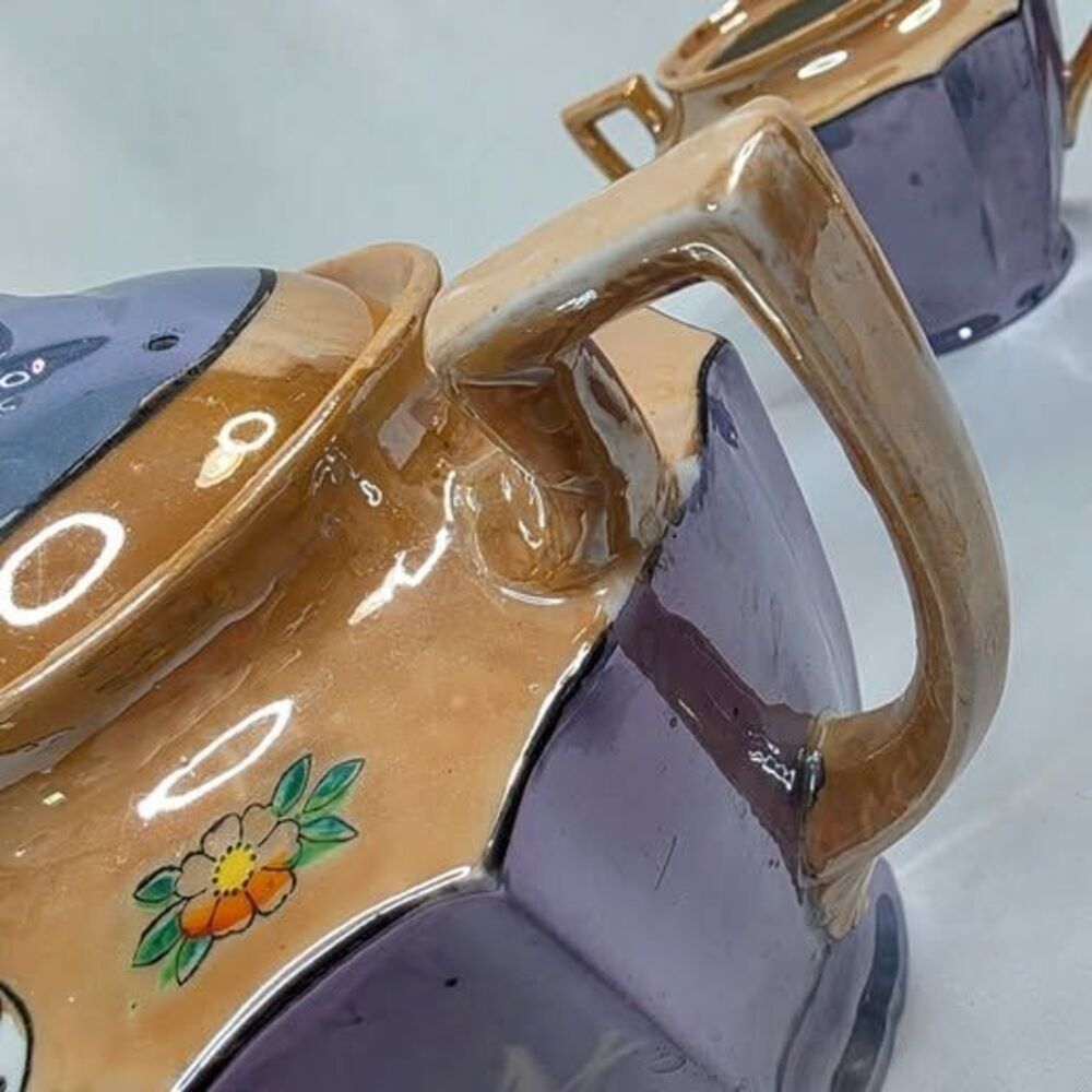 Vintage Takito Japan Lusterware Tea Set | 3 Pc Peach Blue Floral | 1920s-1940s - Picture 7 of 10